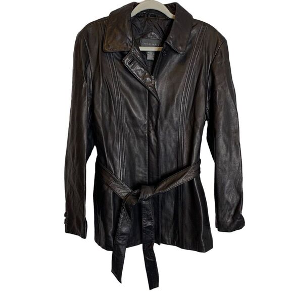Relativity Coat Womens XL Black 100%  Leather Zip Front Belt Pockets Fully Lined - Picture 1 of 11